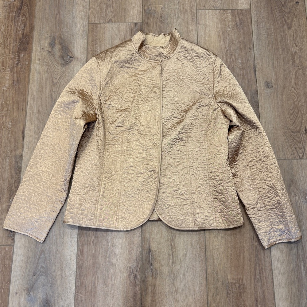 🌟KATE HILL🌟 QUILTED SATIN SNAP FRONT BLAZER JACKET GOLD CAMEL SZ L